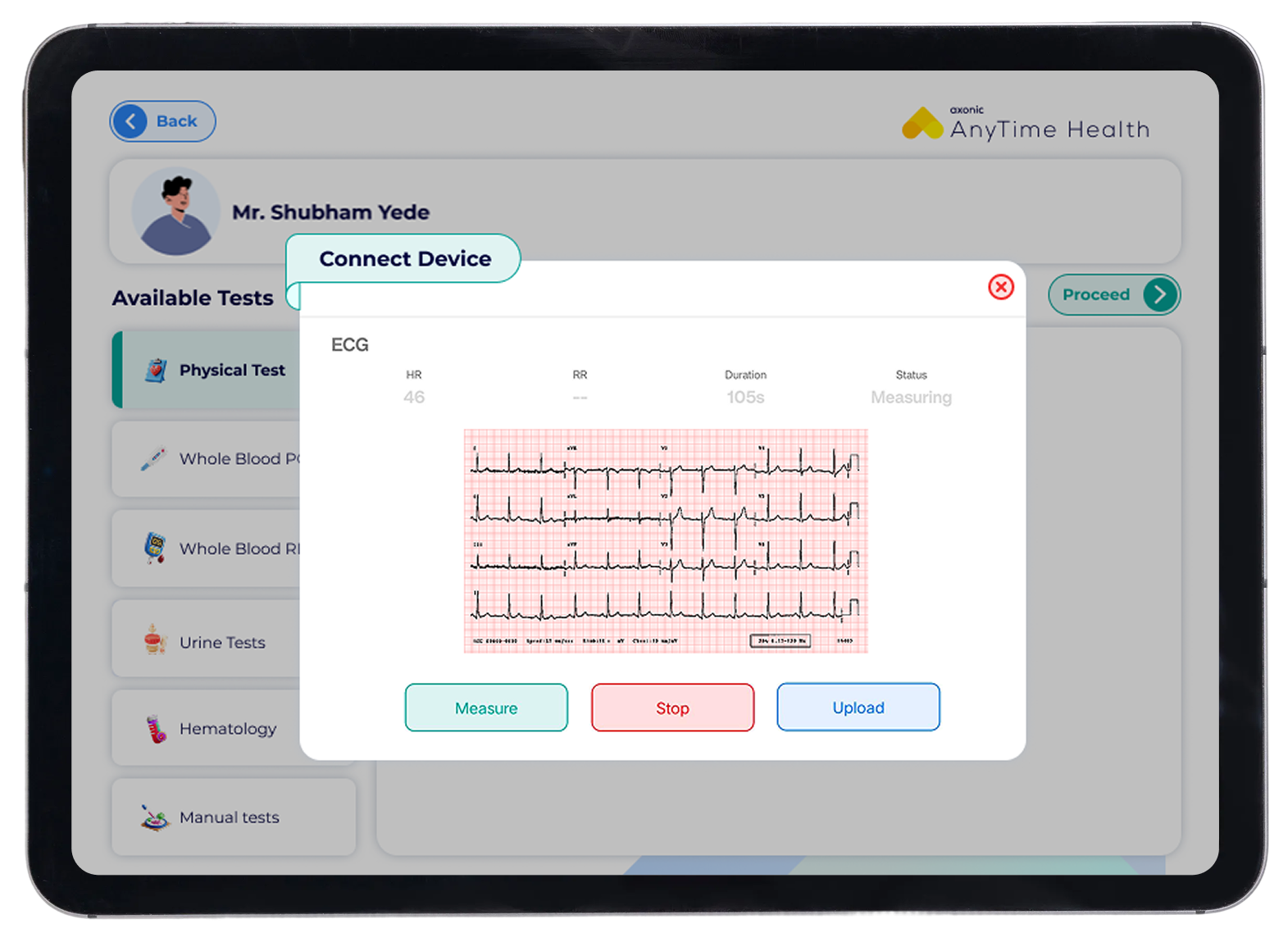 Instant 12-Lead ECG for Cardiac Screening - AxonHealthHub feature showing Built-in clinical-grade ECG for rapid cardiac evaluation, enabling early detecti...