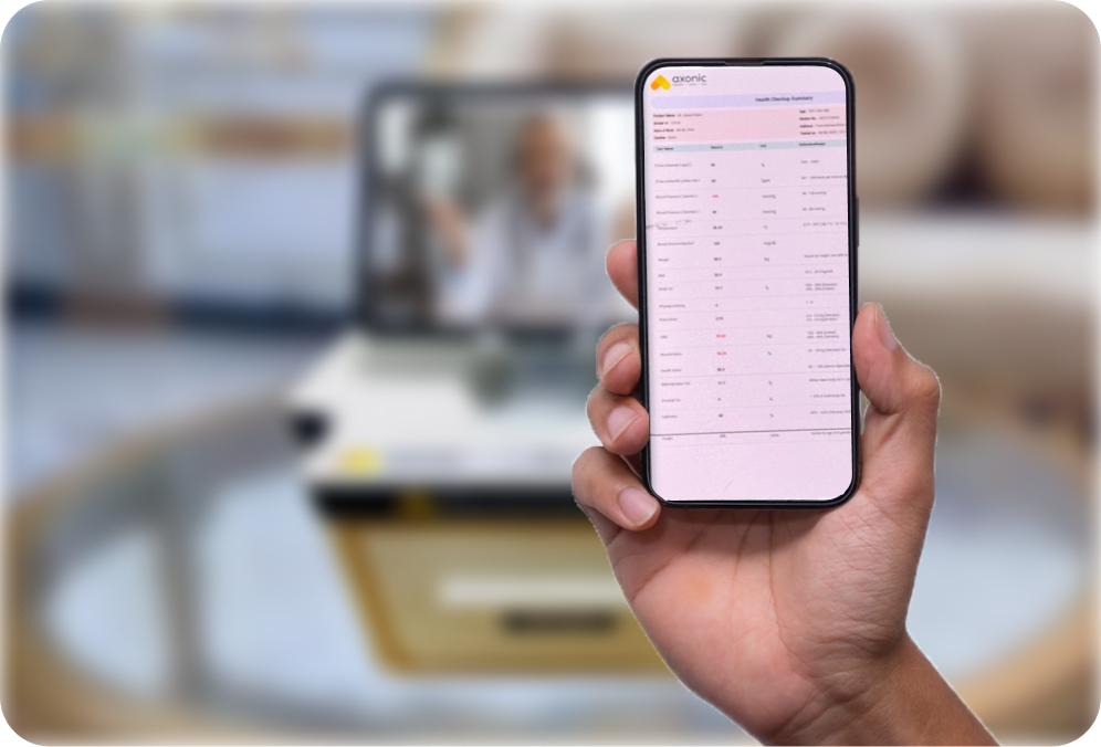 Real-Time Health Data on Axoncare App - AxonHomeClinic feature showing All vitals and consultation data are synced live to the Axoncare Patient App, cr...