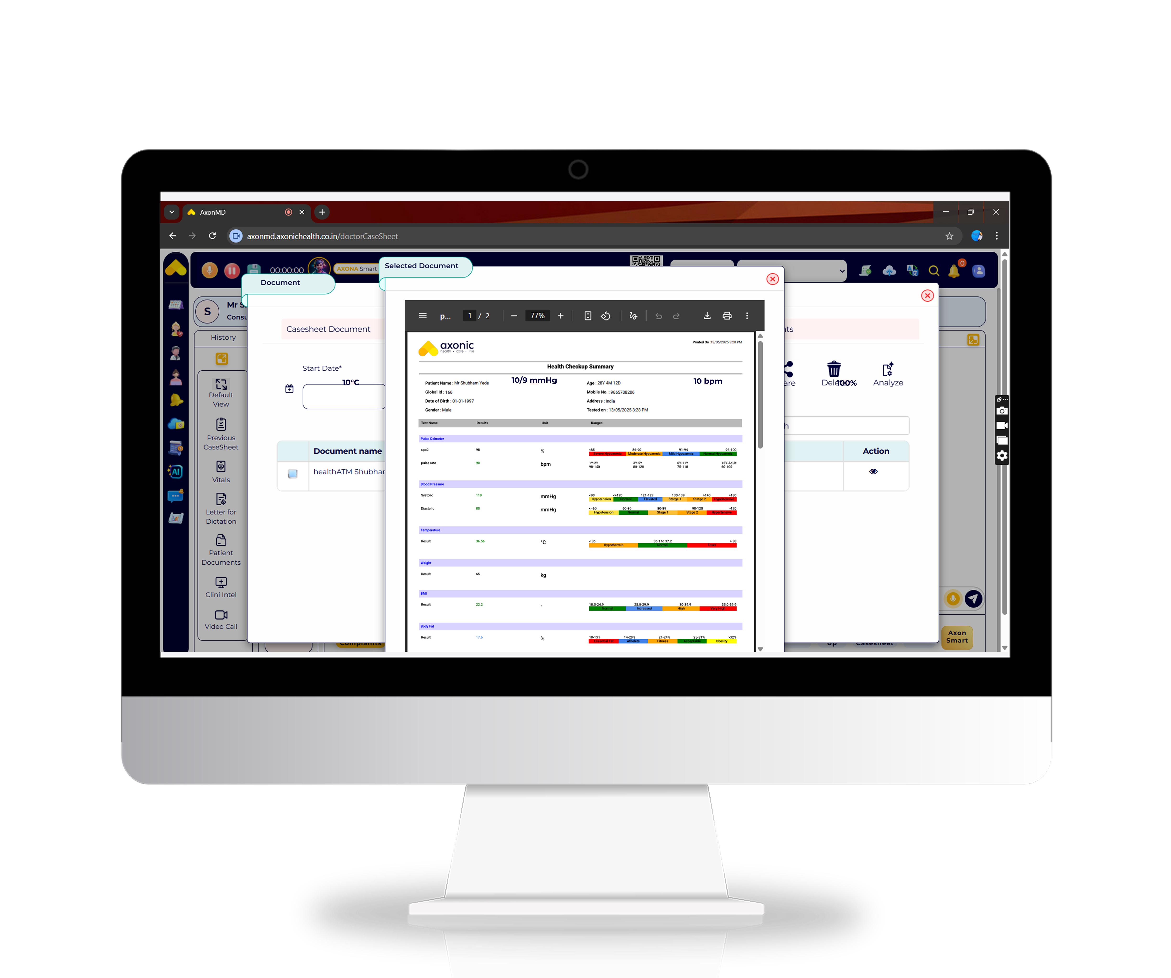 Health ATM Integration - AxonMD clinic management feature showing Instantly access patient vitals captured from integrated health kiosks. Key metr...